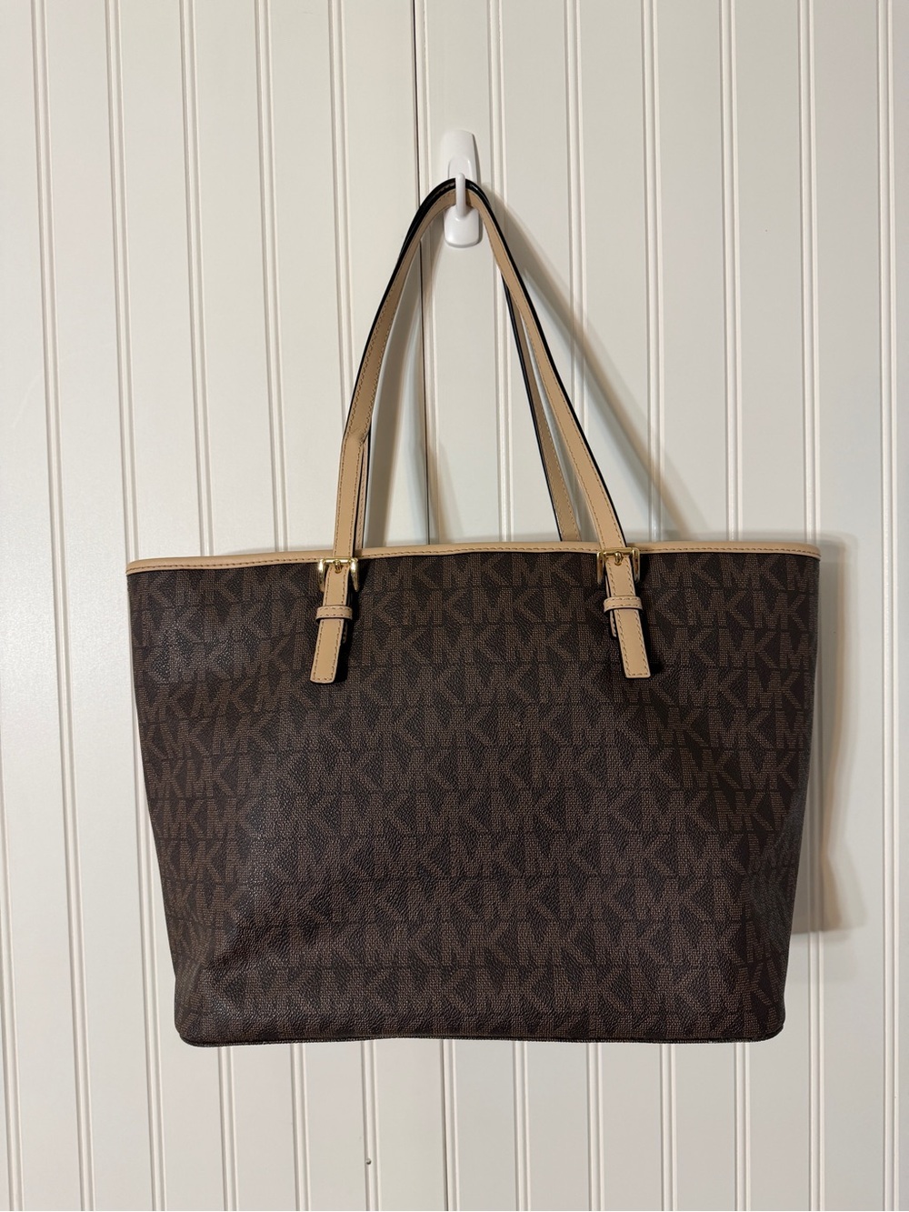 Michael Kors Brown MK Logo Tote with Beige Trim